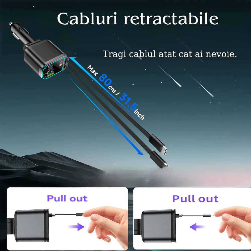 Încărcător Auto Rapid 4-in-1 cu Cablu Retractabil + LED Stele Plafon