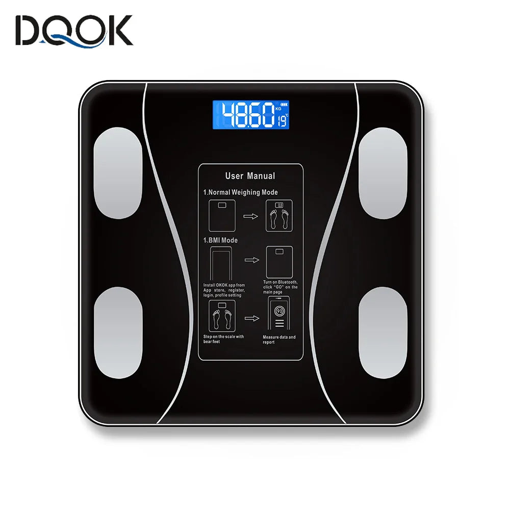 Cântar corporal inteligent cu Bluetooth, analiză BMI, aplicație mobilă și afișaj LCD – design elegant din sticlă securizată