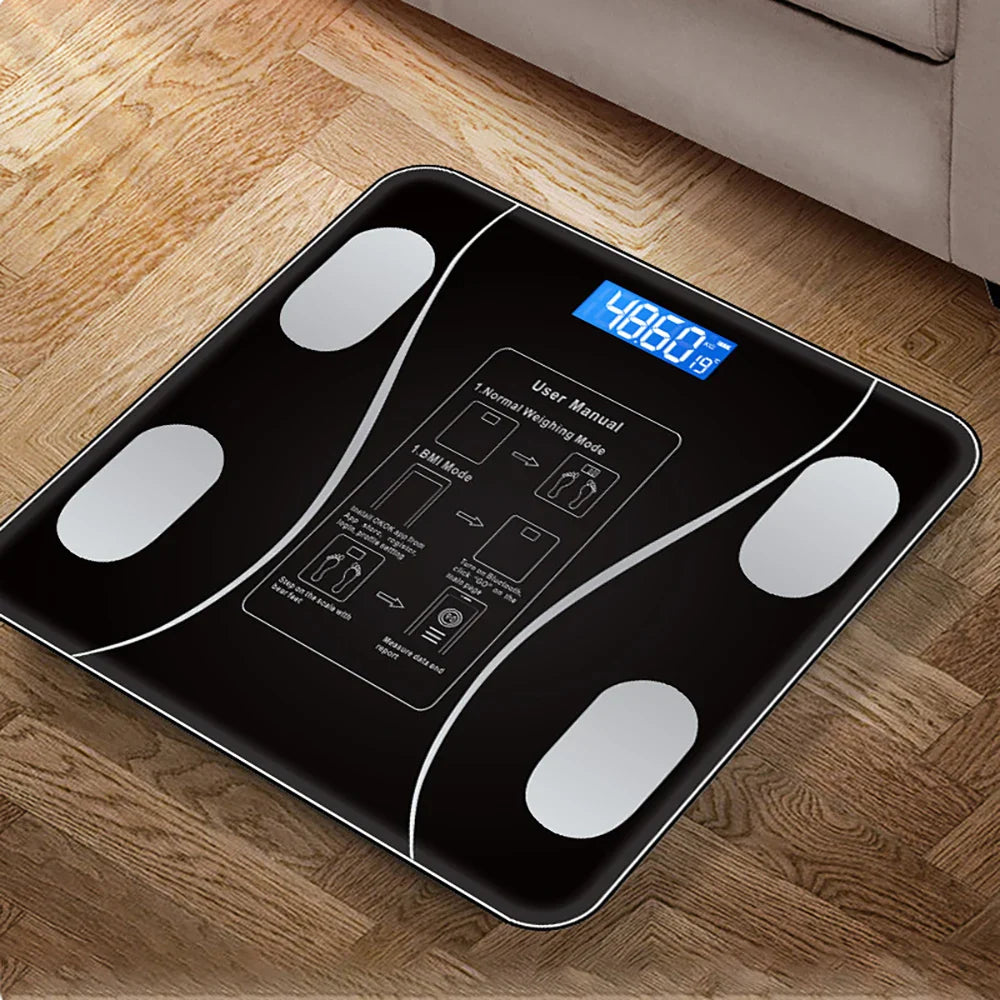 Cântar corporal inteligent cu Bluetooth, analiză BMI, aplicație mobilă și afișaj LCD – design elegant din sticlă securizată