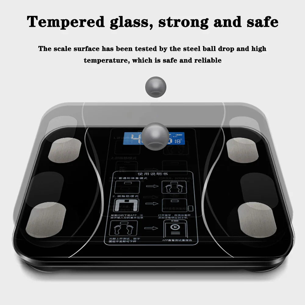 Cântar corporal inteligent cu Bluetooth, analiză BMI, aplicație mobilă și afișaj LCD – design elegant din sticlă securizată