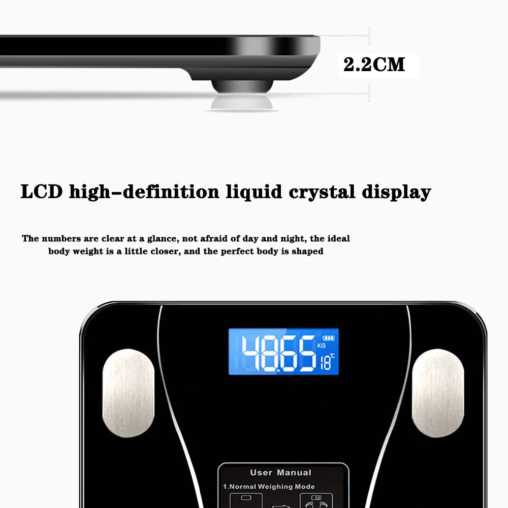Cântar corporal inteligent cu Bluetooth, analiză BMI, aplicație mobilă și afișaj LCD – design elegant din sticlă securizată