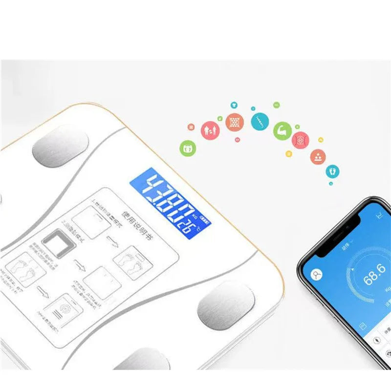 Cântar corporal inteligent cu Bluetooth, analiză BMI, aplicație mobilă și afișaj LCD – design elegant din sticlă securizată