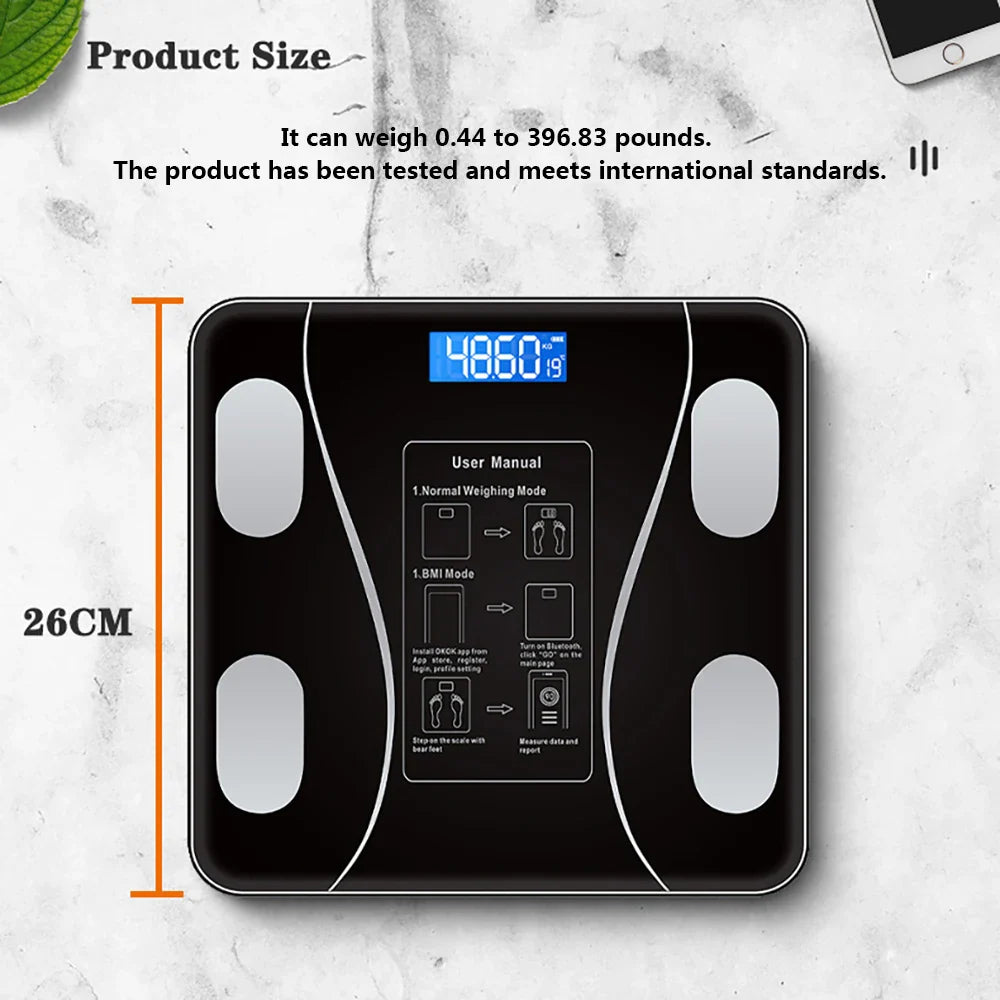 Cântar corporal inteligent cu Bluetooth, analiză BMI, aplicație mobilă și afișaj LCD – design elegant din sticlă securizată