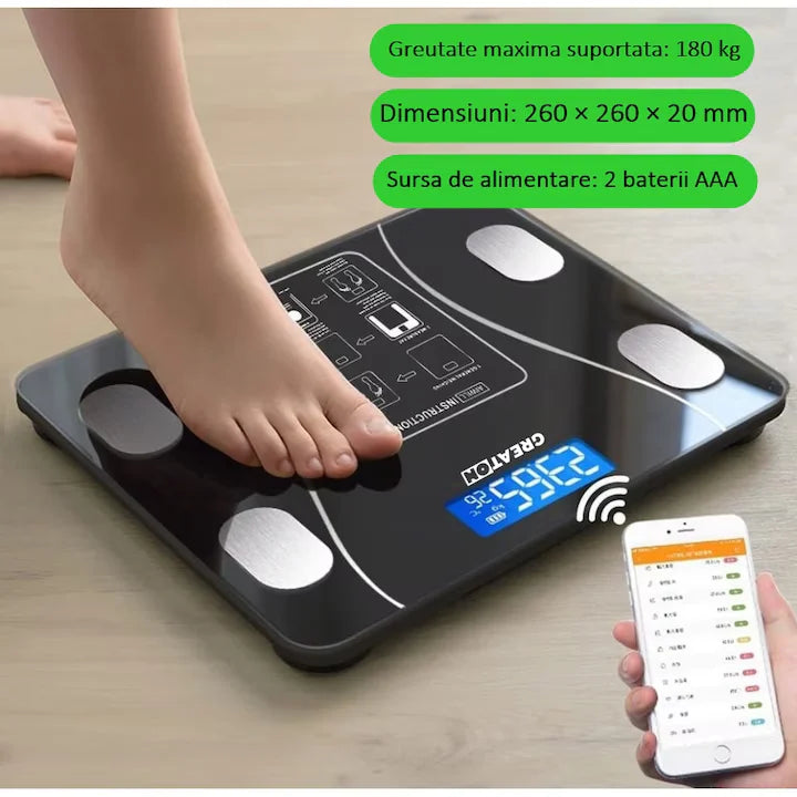 Cântar corporal inteligent cu Bluetooth, analiză BMI, aplicație mobilă și afișaj LCD – design elegant din sticlă securizată