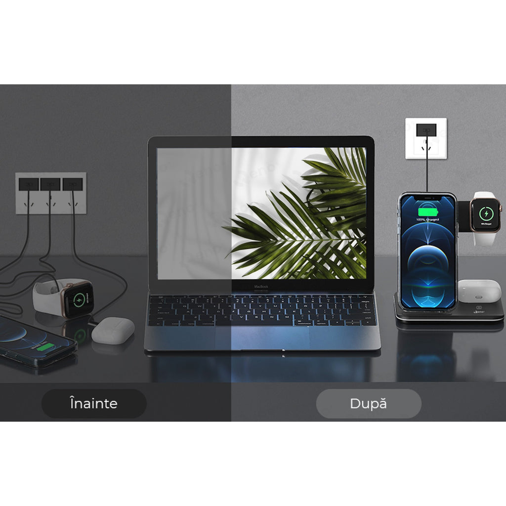 Încărcător Wireless 3-în-1 15W Rapid – Pentru Telefon, Ceas și Căști