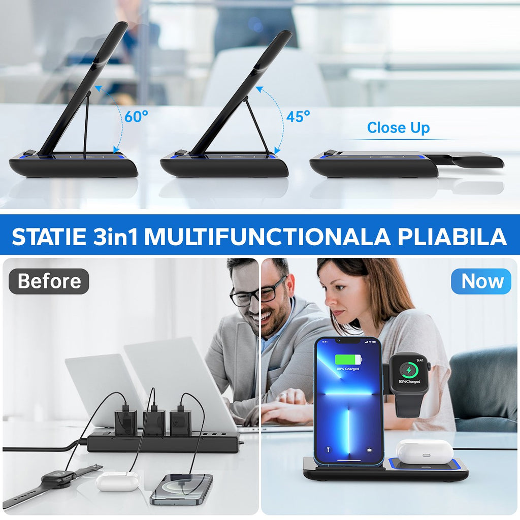 Încărcător Wireless 3-în-1 15W Rapid – Pentru Telefon, Ceas și Căști