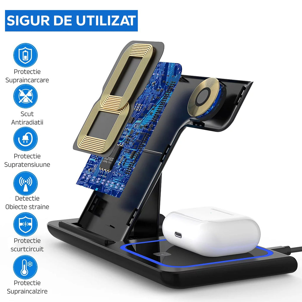 Încărcător Wireless 3-în-1 15W Rapid – Pentru Telefon, Ceas și Căști