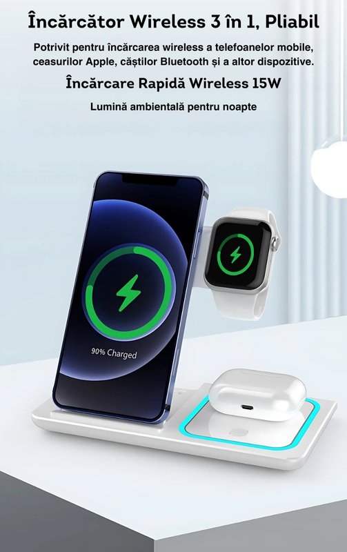 Încărcător Wireless 3-în-1 15W Rapid – Pentru Telefon, Ceas și Căști