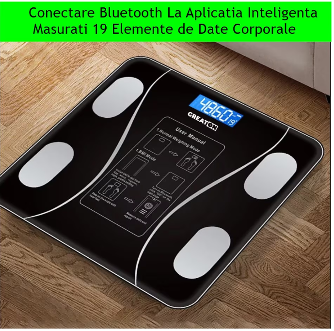 Cântar corporal inteligent cu Bluetooth, analiză BMI, aplicație mobilă și afișaj LCD – design elegant din sticlă securizată