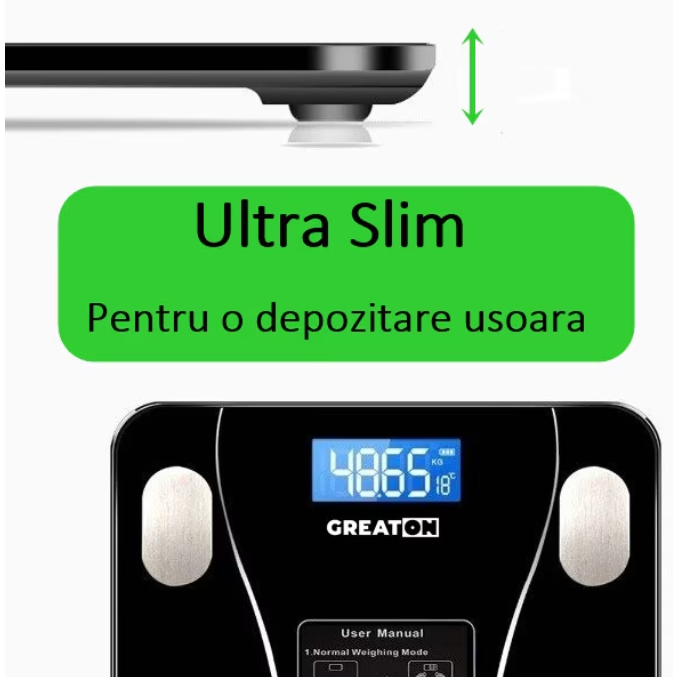 Cântar corporal inteligent cu Bluetooth, analiză BMI, aplicație mobilă și afișaj LCD – design elegant din sticlă securizată